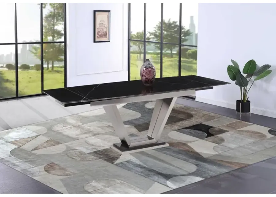 Chintaly Jessy Contemporary Extendable Black Marble Dining Table with Steel Pedestal-86.61