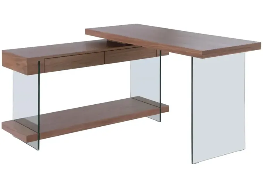 Chintaly Walnut Modern Rotatable Glass & Wooden Desk with Drawers & Shelf-53.15
