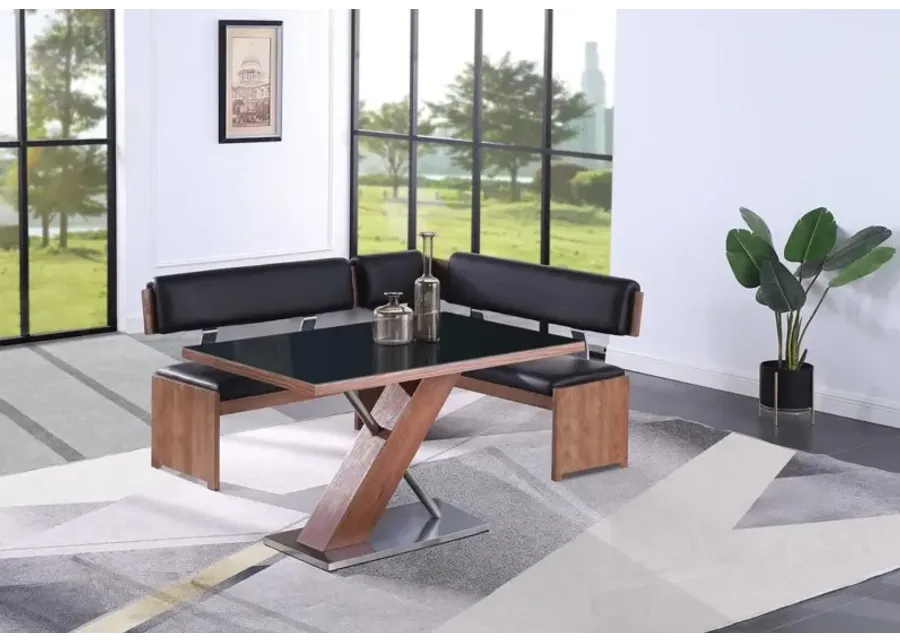Chintaly Emma Modern Dining Set with Wooden & Black Glass Table & Nook-51.18