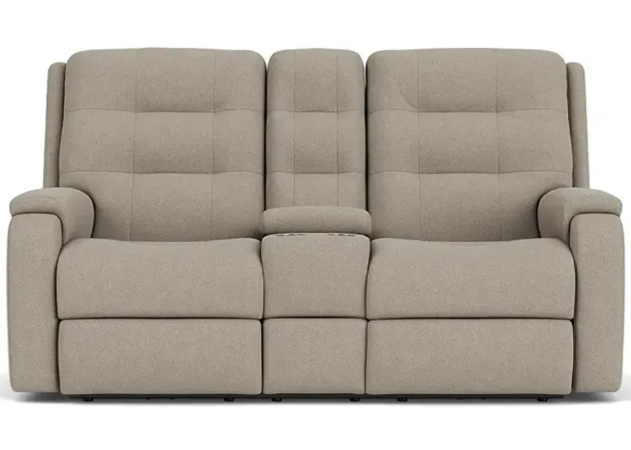 Flexsteel Arlo Fossil Fabric Power Headrest Reclining Console Loveseat with Lumbar-76