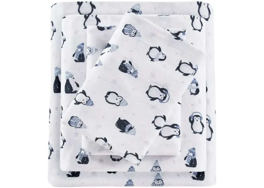 Olliix Intelligent Design Twin Blue Penguins Cozy Soft Cotton Novelty Print Flannel Sheet Set
