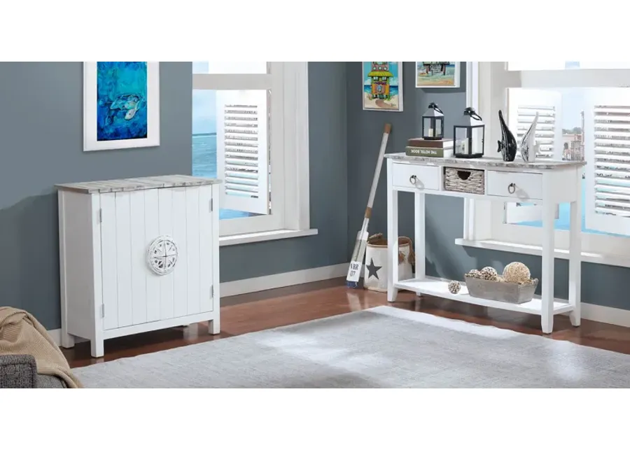 Madison Avenue Coastal Views Antique White 2-Drawer Entry Table with Boardwalk Top & Plank Shelf-48