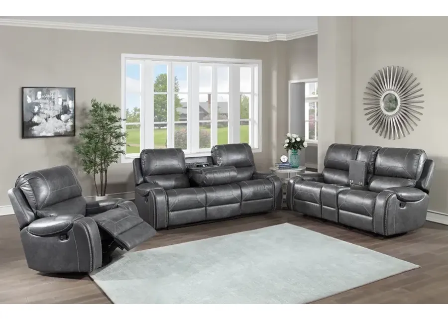 Steve Silver Keily Reclining Sofa Loveseat & Chair Set In Grey With Pewter Nailhead Trim