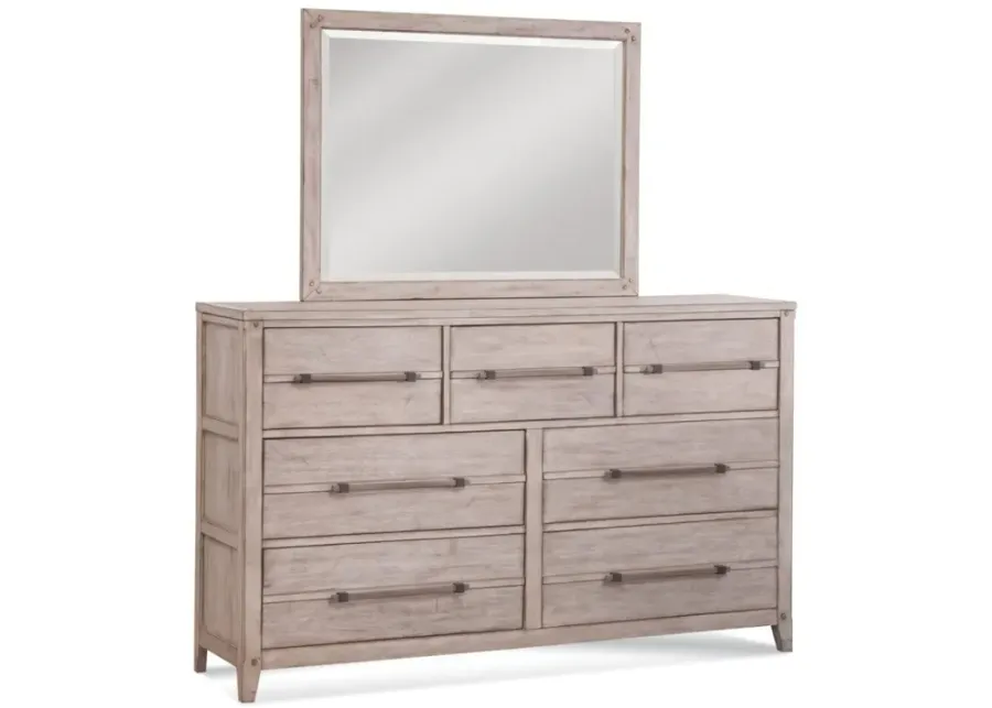 American Woodcrafters Aurora Whitewash 3-Piece Bedroom Set Queen Panel Bed with Storage Footboard Dresser & Mirror-89