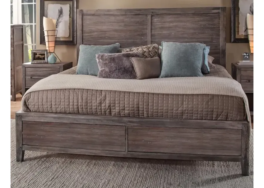 American Woodcrafters Aurora King Panel Bed with Panel Footboard in Weathered Grey-85.75