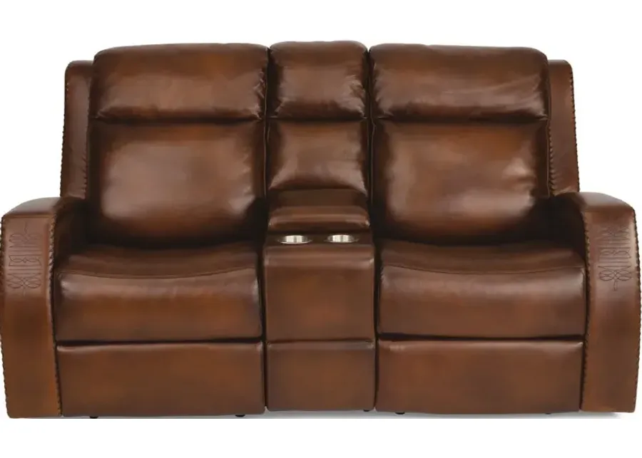 Flexsteel Mustang Brown Power Reclining Leather Loveseat with Console & Power Headrests-75