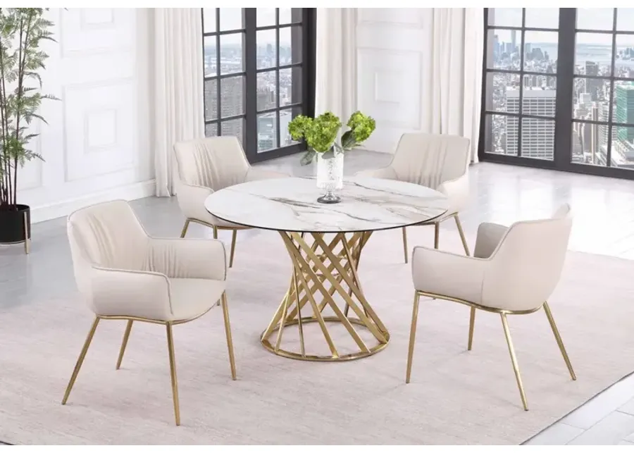 Chintaly Tracy Brushed Gold/Taupe Round Sintered Stone Top Dining Table with Golden Art Deco Base-47.2