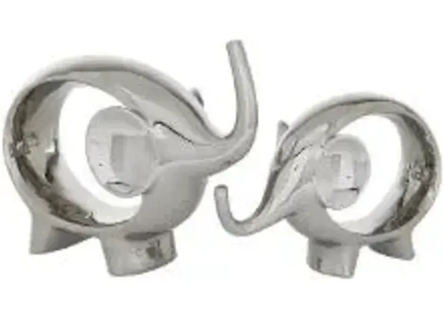 UMA Home Decor Silver Porcelian Elephant Sculpture Set of 2 -- 7" & 9"