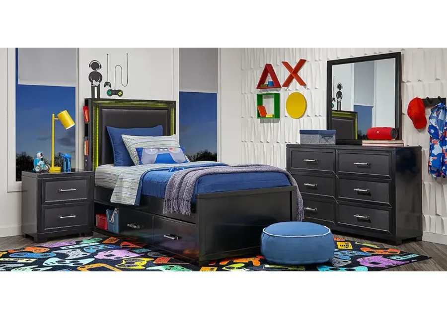 Kids Carbon Optix Black Twin Bedroom with LED Lights