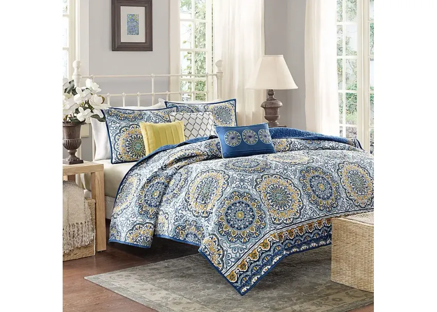 Tangiers Blue 6 Pc Queen Coverlet Set-Blue