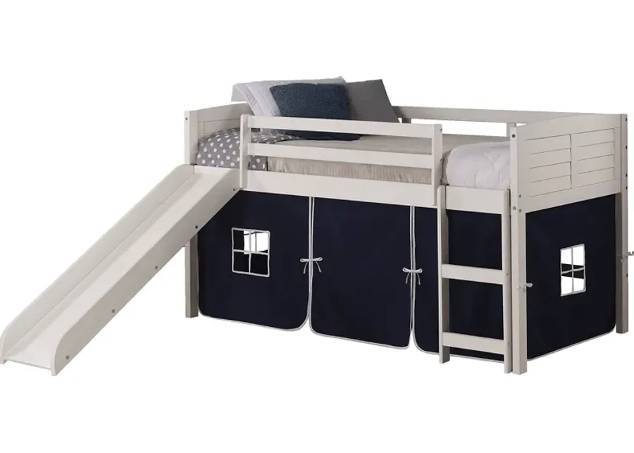 Kids Camp Hideaway White Twin Jr Loft Bed with Blue Tent and Slide-Blue, White