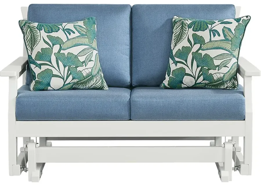 Eastlake White Outdoor Glider Loveseat with Blueberry Cushions-54.72