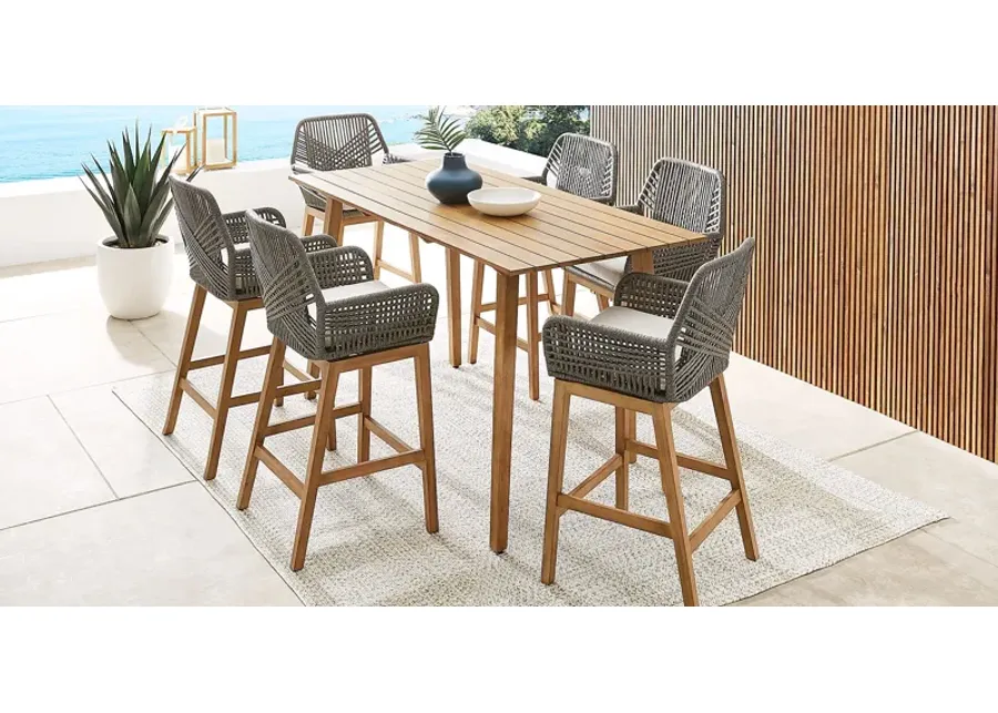 Tessere Natural 7 Pc Bar Height Outdoor Dining Set with Gray Barstools