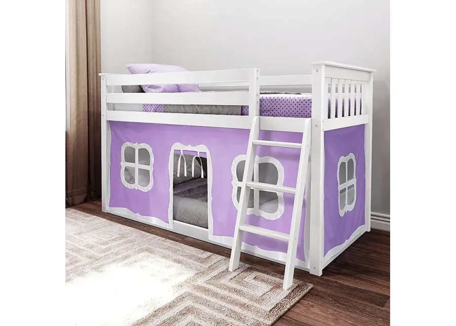 Kids Thorsten White Twin/Twin Low Bunk Bed with Purple Tent-White, Purple