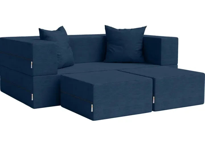 Kids Alfy Indigo Loveseat & Ottomans, Set of 3-Indigo
