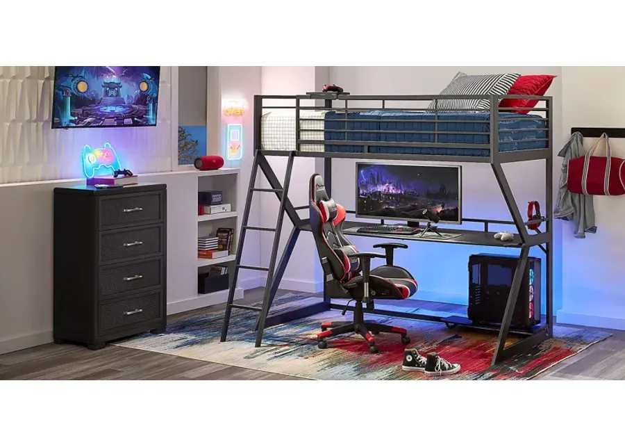 Kids Carbon Optix Black Full Loft Gaming Bedroom with LED Lights and Accessories