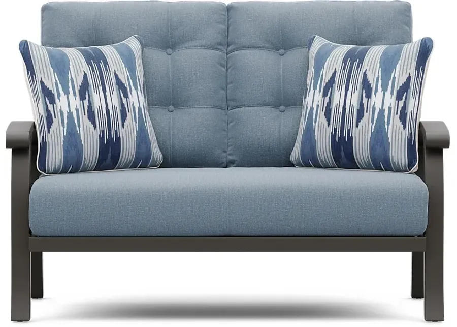 Lake Breeze Aged Bronze Outdoor Loveseat with Blueberry Cushions-57