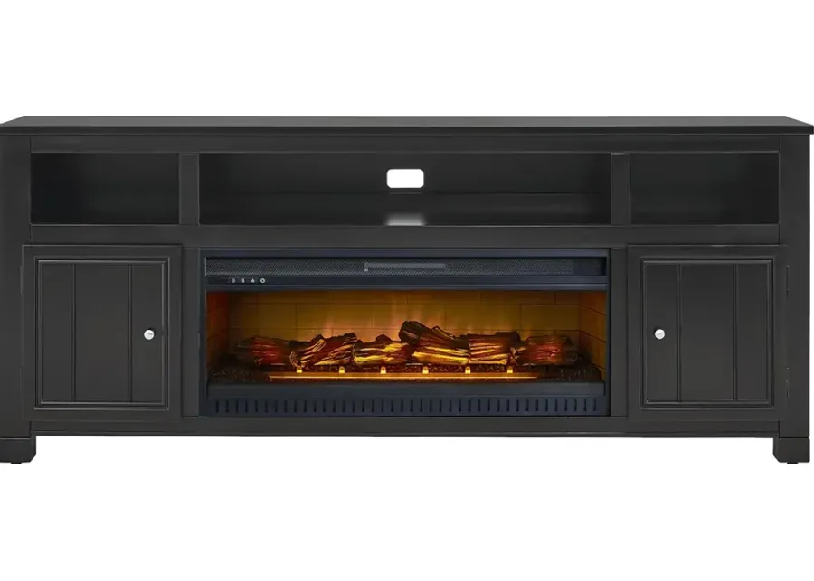 Lakeside Cottage Black 84 In. Console with Electric Log Fireplace