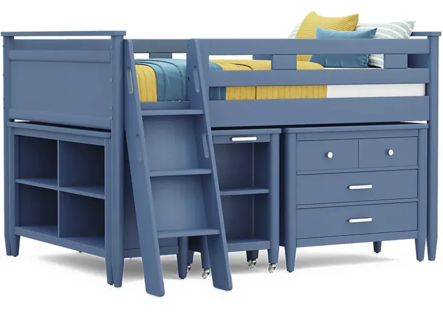 Kids Modern Colors Slate Blue Full Loft Bed with Loft Chest, Bookcase and Desk-80.75