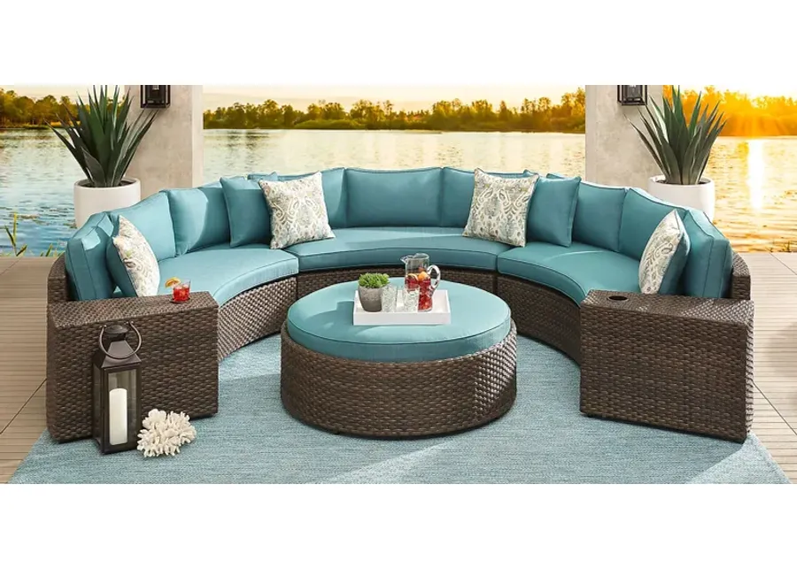 Rialto Brown 6 Pc Curved Outdoor Sectional with Aqua Cushions-131