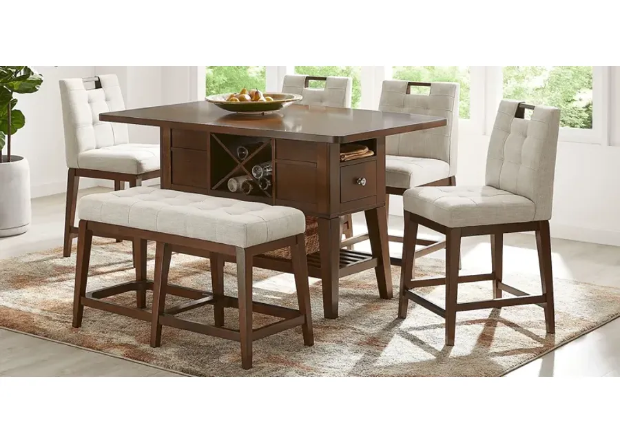 Walstead Place Brown 6 Pc Counter Height Dining Room with Beige Bench and Barstools