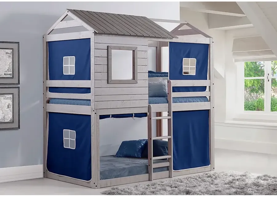 Treeline Cabin Gray Twin/Twin Jr. Loft Bed with Blue Tent-Blue, Gray