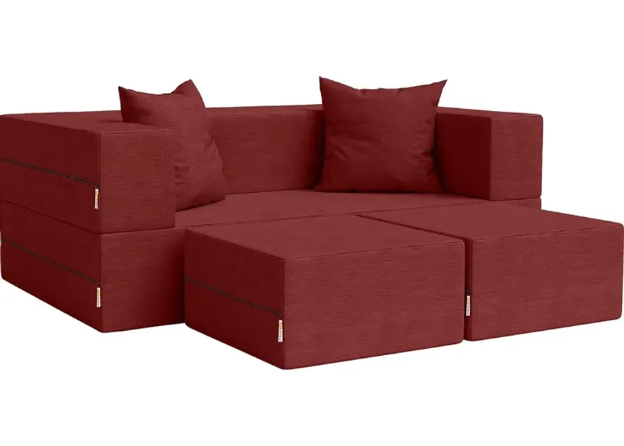 Kids Alfy Red Loveseat & Ottomans, Set of 3-Red