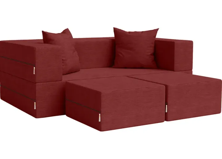Kids Alfy Red Loveseat & Ottomans, Set of 3-Red