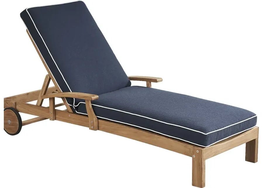 Pleasant Bay Teak Outdoor Chaise with Indigo Cushions-31.25