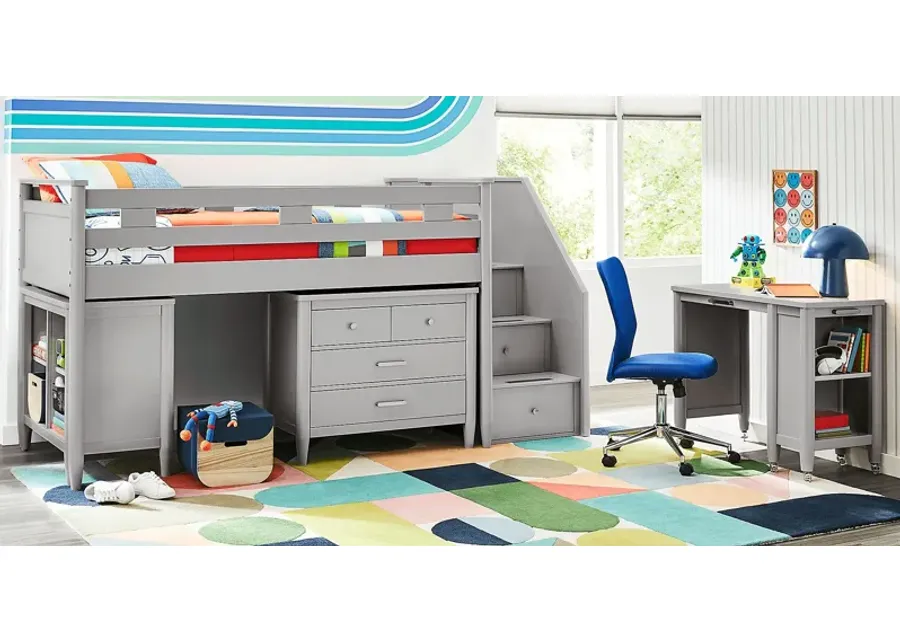 Kids Modern Colors Light Gray Twin Step Loft with Loft Chest, Bookcase and Desk-102.69