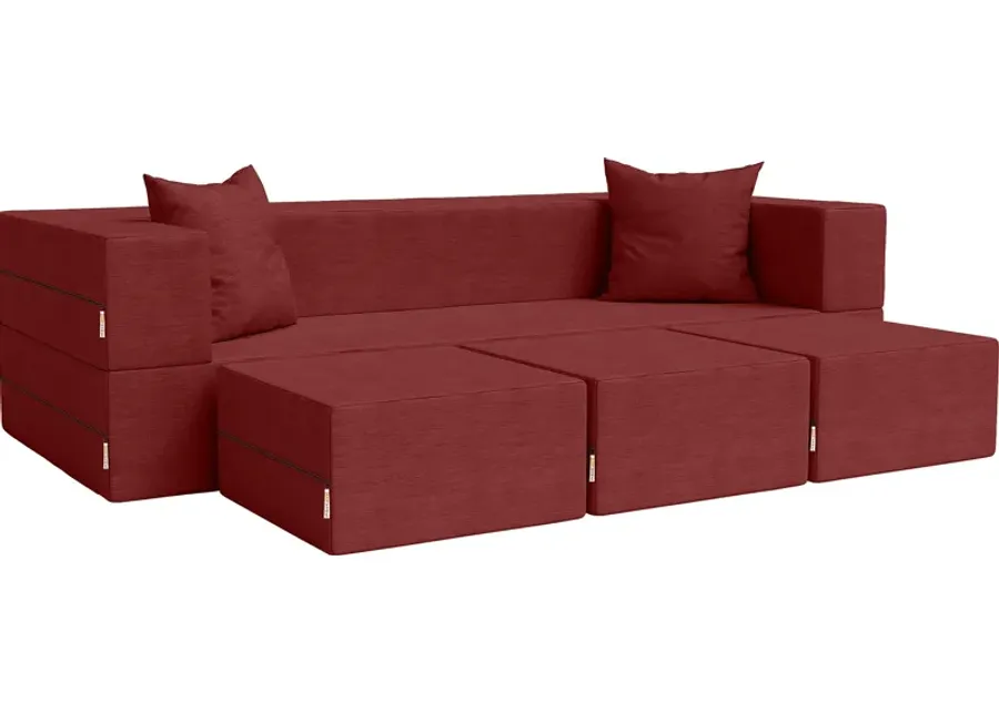 Kids Alfy Red Sofa & Ottomans, Set of 4-Red