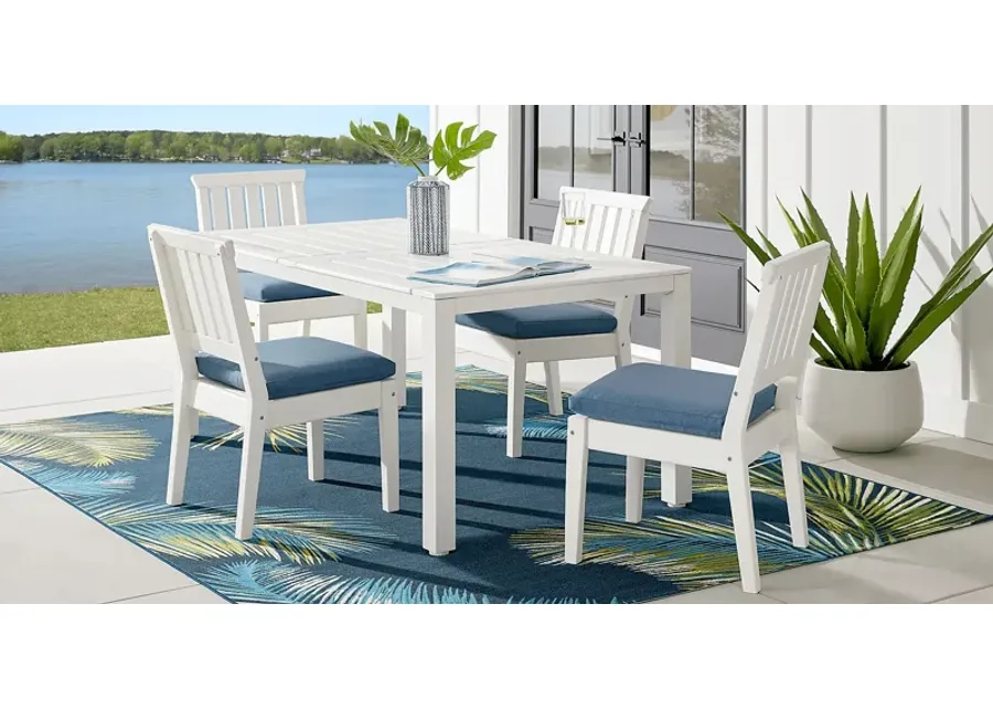Eastlake White 5 Pc 71 in. Rectangle Outdoor Dining Set with Blueberry Cushions