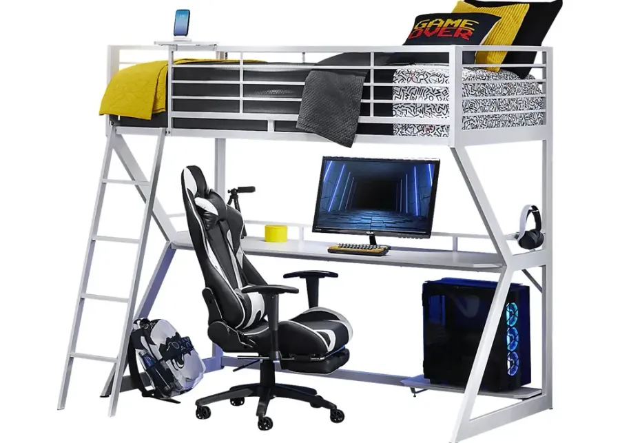 Kids Carbon Optix White Twin Gaming Loft Bed with LED Lights and Accessories-78