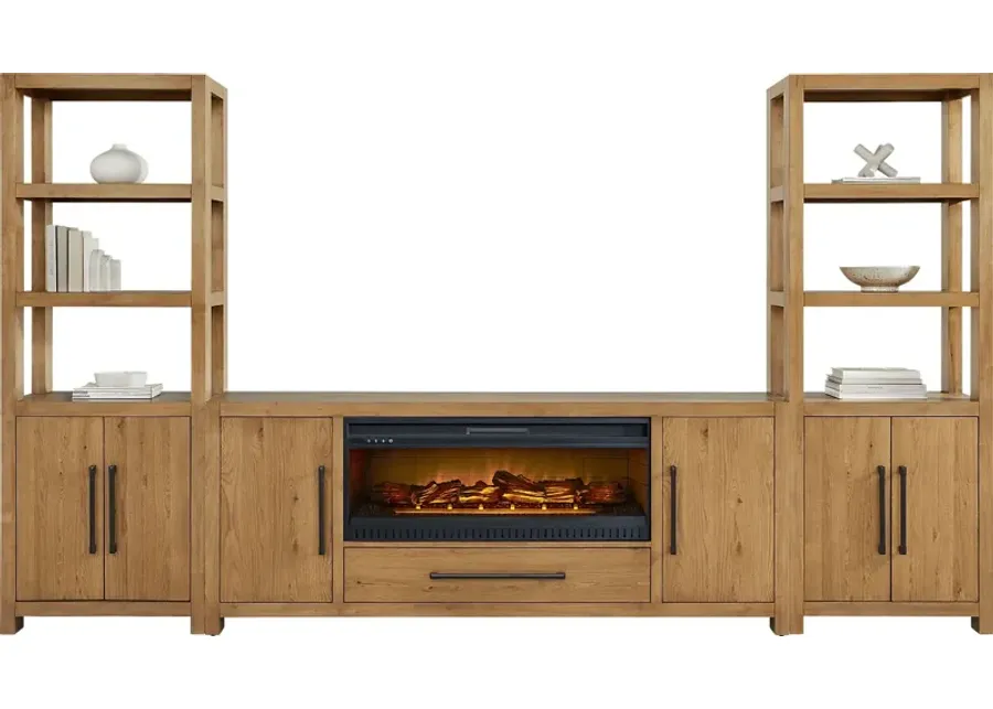 Ithaca Natural 3 Pc Wall Unit with 80 in. Console and Electric Log Fireplace-136