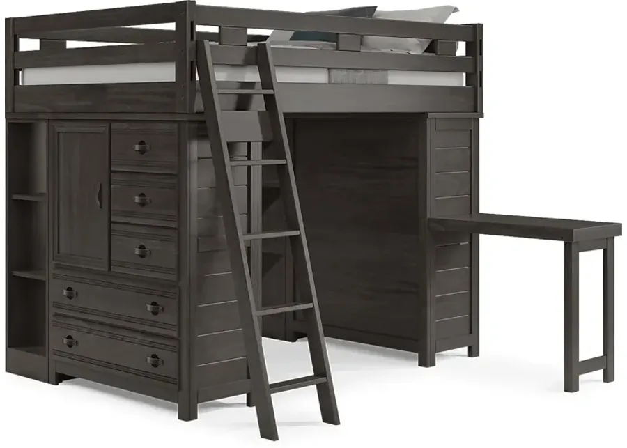 Kids Creekside 2.0 Charcoal Full Loft with 2 Loft Chests, 2 Bookcases and Desk Attachment-79.62