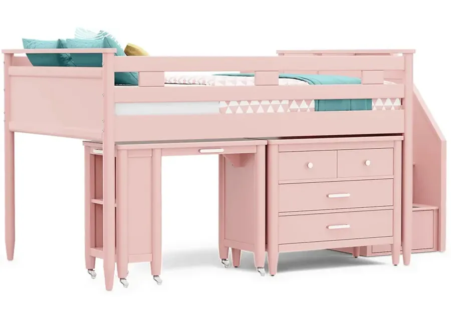 Kids Modern Colors Pink Full Step Loft with Loft Chest and Desk-102.69