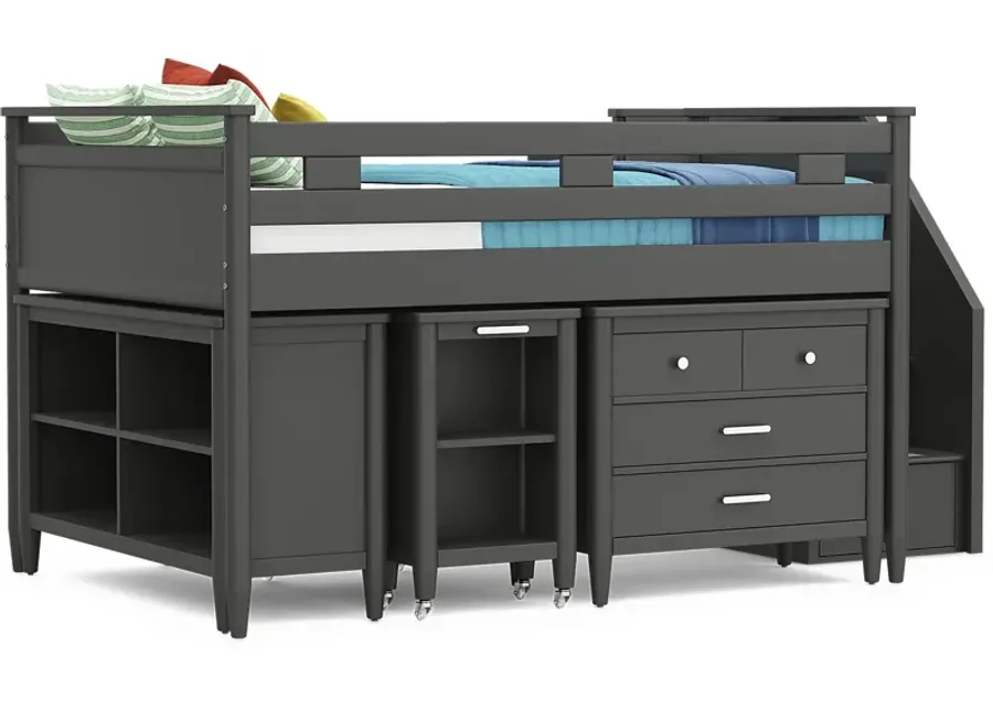 Kids Modern Colors Iron Ore Full Step Loft with Loft Chest, Bookcase and Desk-102.69