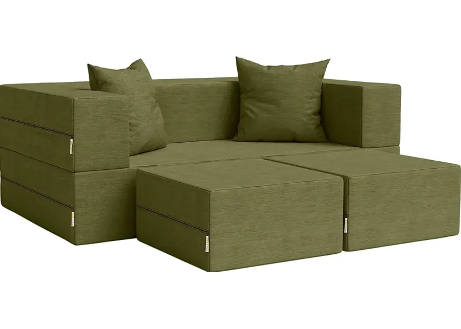Kids Alfy Green Loveseat & Ottomans, Set of 3-Green