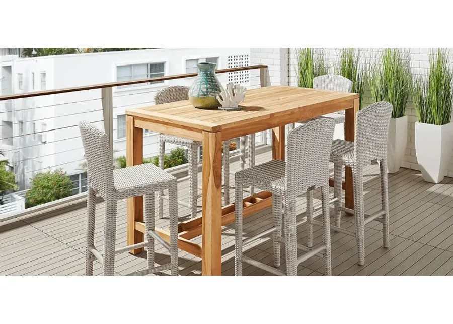 Patmos Teak 5 Pc 71 in. Rectangle Bar Height Outdoor Dining Set with Gray Wicker Barstools-71