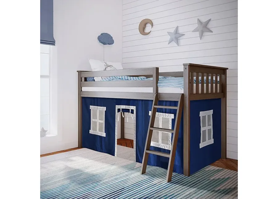 Kids Linnett Brown Twin Low Loft Bed with Blue Tent-Blue, Brown