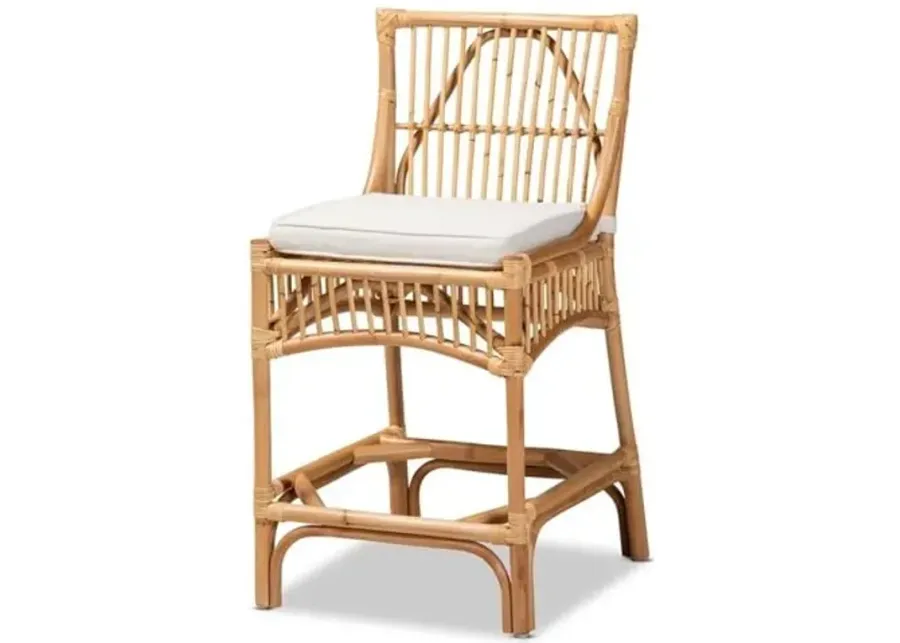 Baxton Studio Rose Modern Bohemian White Fabric Upholstered and Natural Brown Rattan Counter Stool-White, Natural Brown