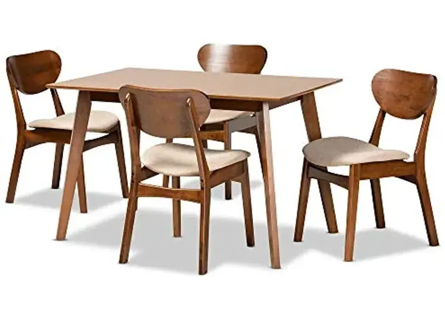 Baxton Studio Katya Dining Set Dining Set Sand Fabric Upholstered and Walnut Brown Finished Wood 5-Piece Dining Set-Sand, Walnut Brown