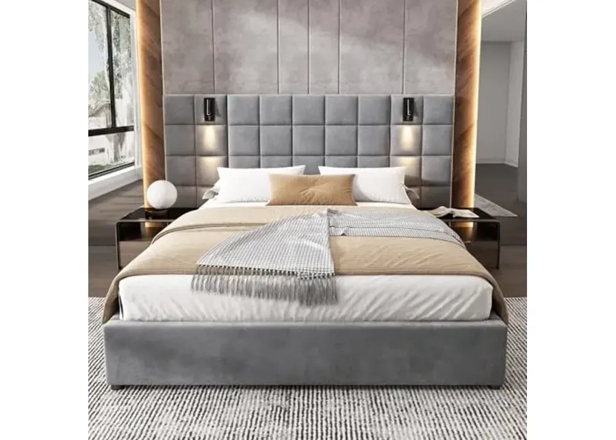 Christopher Knight Home Svens 46" High Headboard Bed, Queen Size Platform Bed Frame, Soft Velvet Bed Frame, Queen Size Headboard, Square Pattern Design with Reading Lamps and USB Ports, Grey-Grey