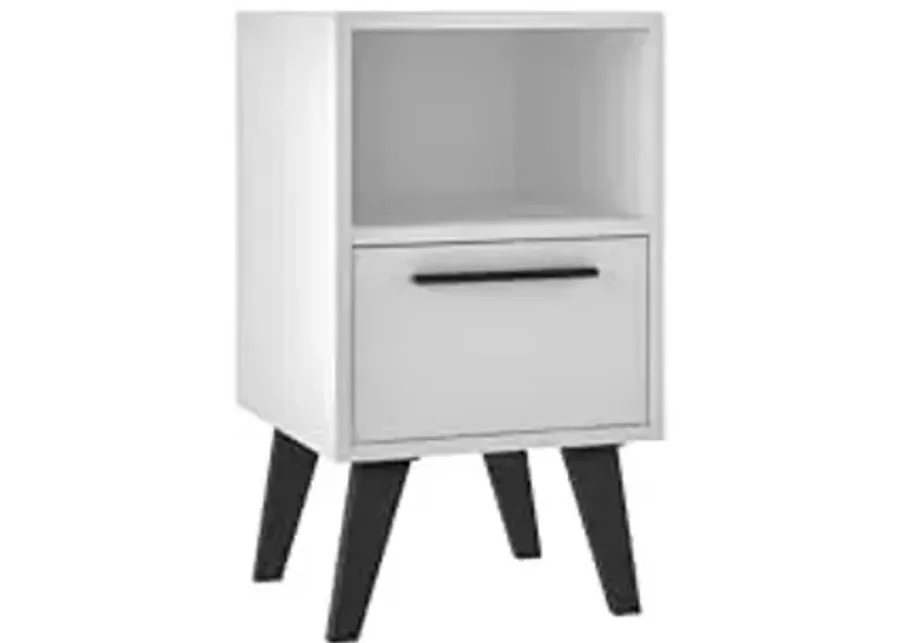 Manhattan Comfort Amsterdam Mid Century Modern Nightstand with Drawer and Open Shelf, Stylish Bedside Table, Versatile and Durable End Table for Any Room, White-White