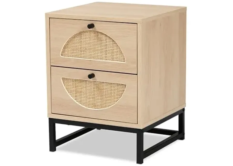 Baxton Studio Ardon Bohemian Light Brown Finished Wood and Black Metal 2-Drawer End Table with Natural Rattan-Light Brown, Black