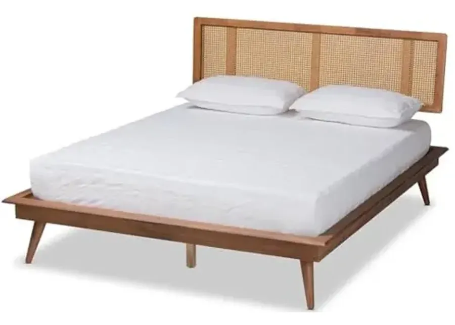 Baxton Studio Nura Mid-Century Modern Walnut Brown Finished Wood and Synthetic Rattan Queen Size Platform Bed-Walnut Brown