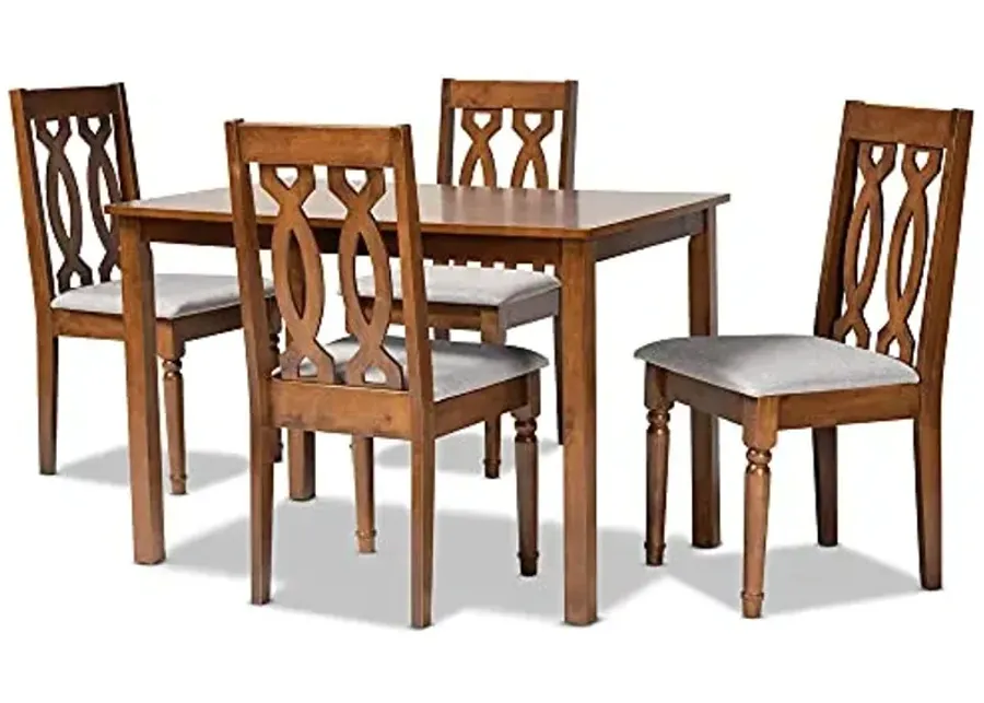 Baxton Studio Cherese Dining Set and Dining Set Grey Fabric Upholstered and Walnut Brown Finished 5-Piece Wood Dining Set-Grey, Walnut Brown
