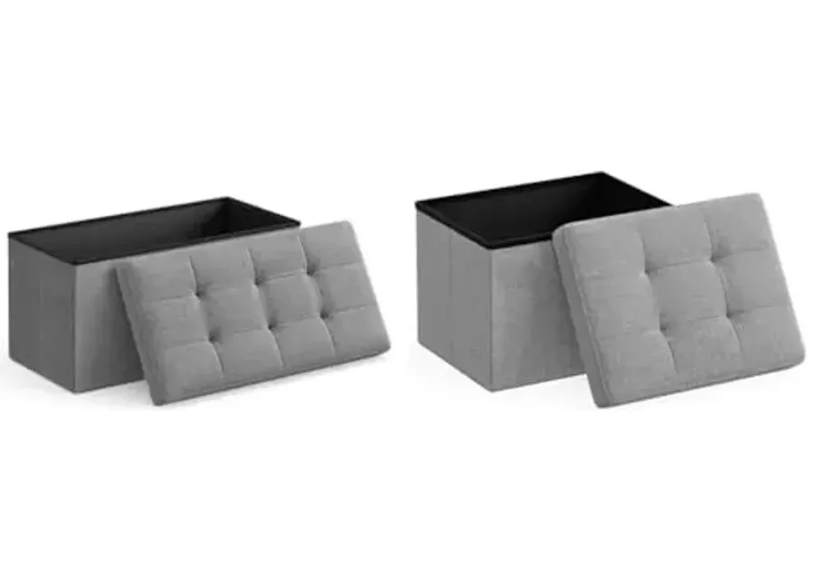 SONGMICS 30" Folding Storage Ottoman Bench & 12" Storage Ottoman Foot Rest Stool with Foam Padding, Light Gray-30