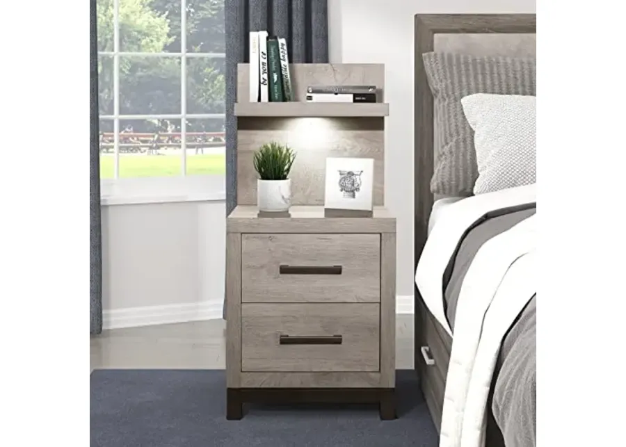 Lexicon Azalea Nightstand with Wall Panel, Light Gray/Gunmetal-Light Gray, Gunmetal