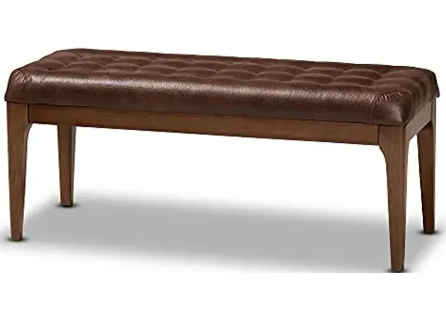 Baxton Studio Walsh Mid-Century Modern Dark Brown Faux Leather Upholstered and Walnut Brown Finished Wood Dining Bench-Dark Brown, Walnut Brown